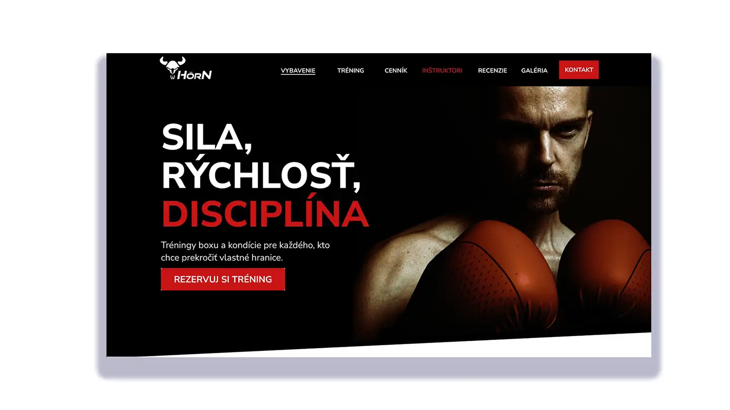 Desktop view of hero banner of Horn landing page depicting face on shot of boxer with dramatic lighting and a heading