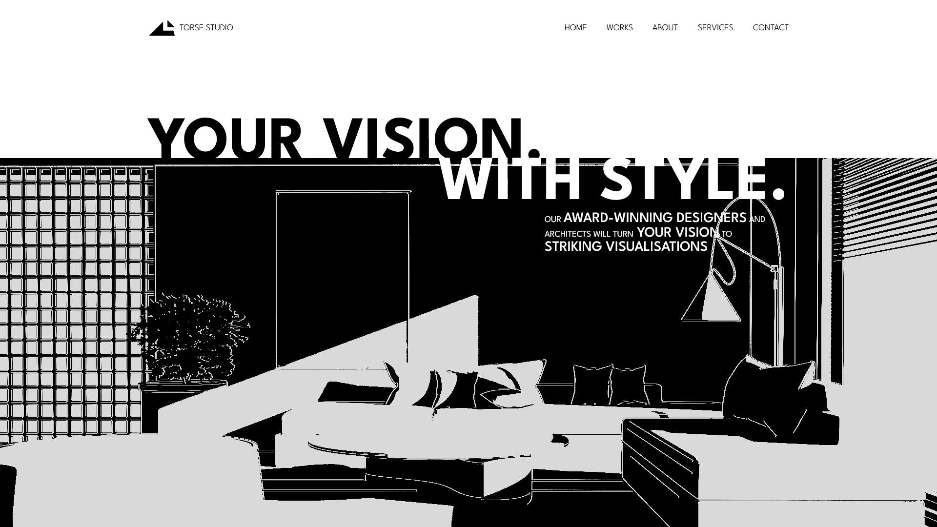High contrast B&W 3D scene depicting spacious minimalistic living room